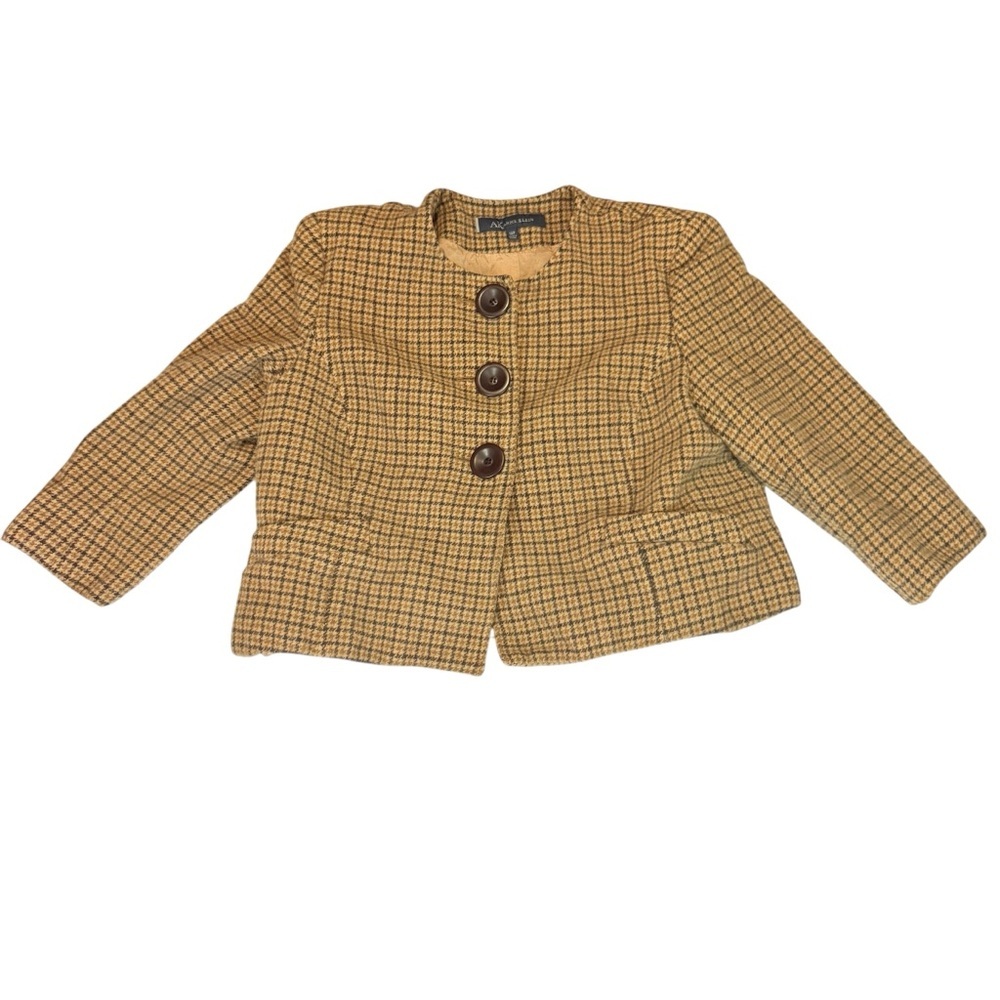 Ak Anne Klein Women’s 14P Houndstooth Wool Blend Cropped Blazer Jacket Brown Tan